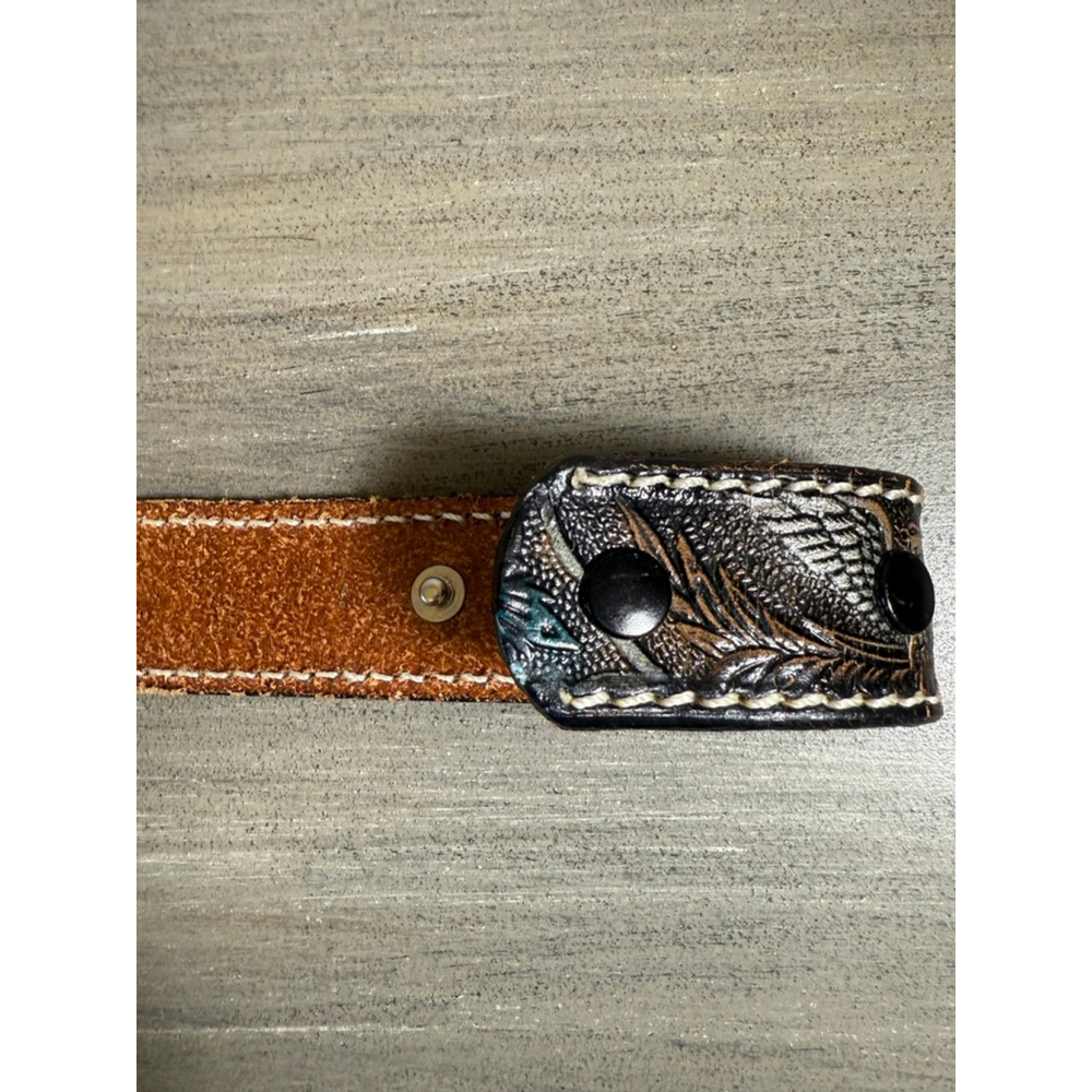 Vintage Tooled Cowhide Leather Belt Eagle/Floral Teal 26 Waist - Picture 8 of 12